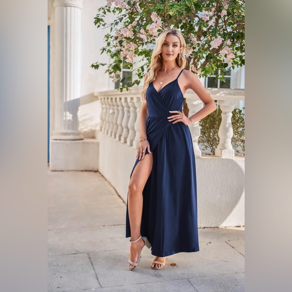 Navy Maxi Sundress- cross back & leg slit